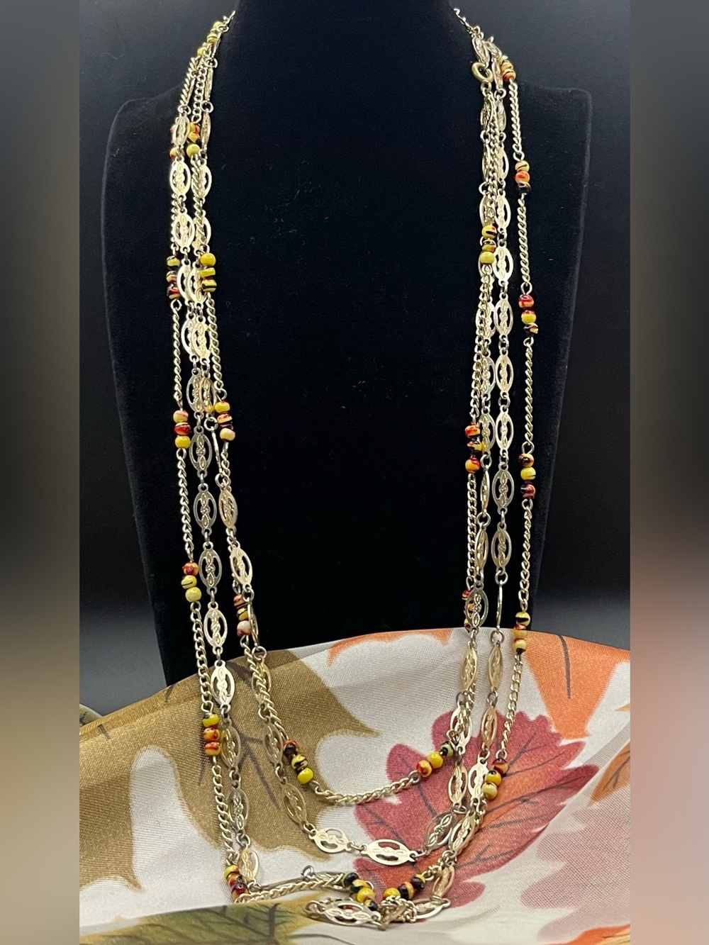 Vintage Long 50" Gold Tone Filigree Link & Yellow Beaded Station Chain Necklace